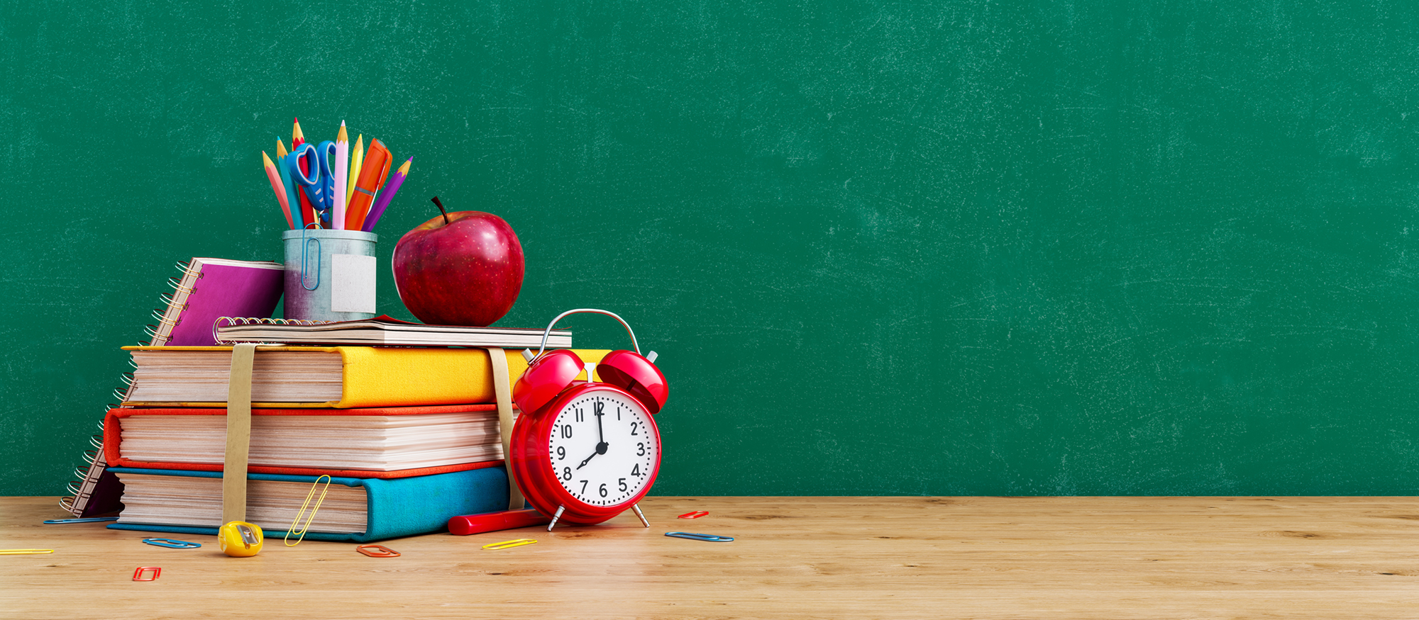apple, books, clock, and notebook school supplies
