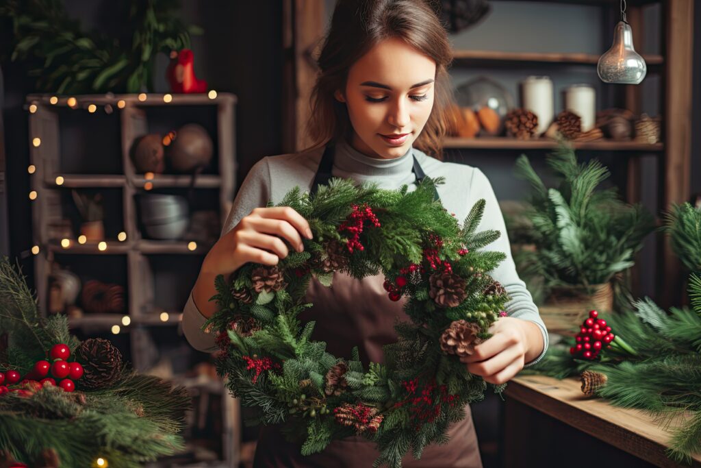female employee arranging a holiday wreath at shop
