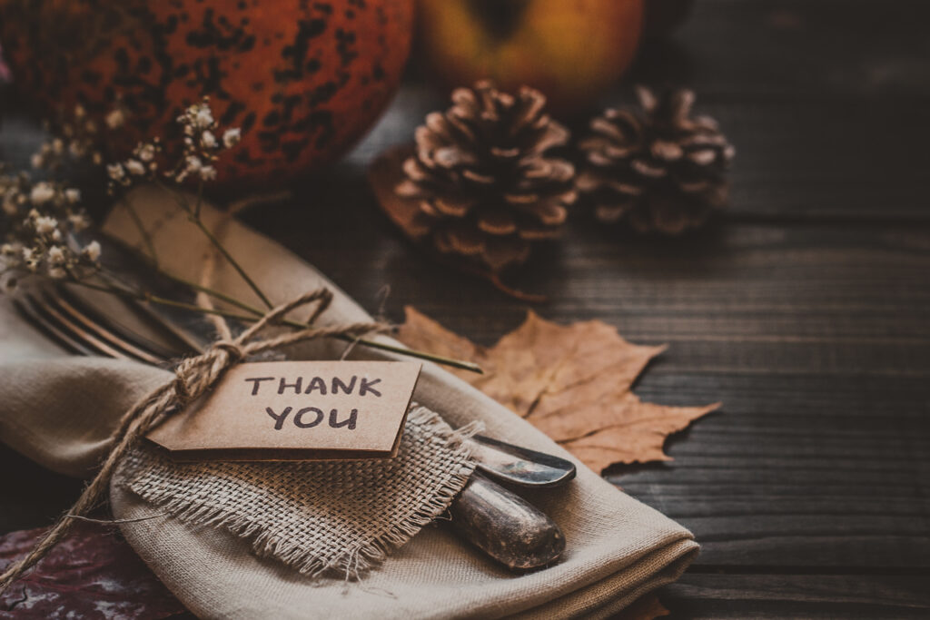 Thanksgiving decorations with "thank you" tag